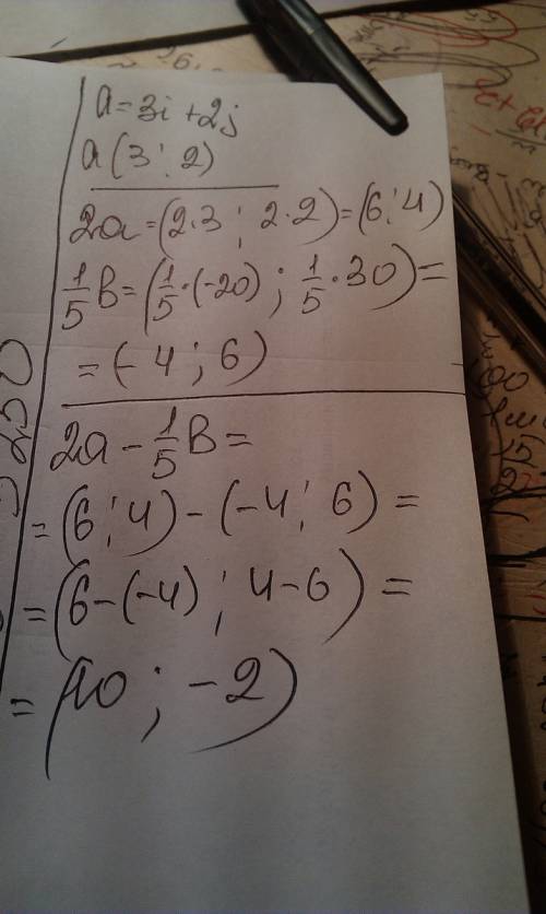 Даны векторы a=3i+2j, b(-20; 30),c=2a-1/5b