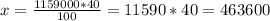 x= \frac{1159000 *40}{100} =11590*40=463600