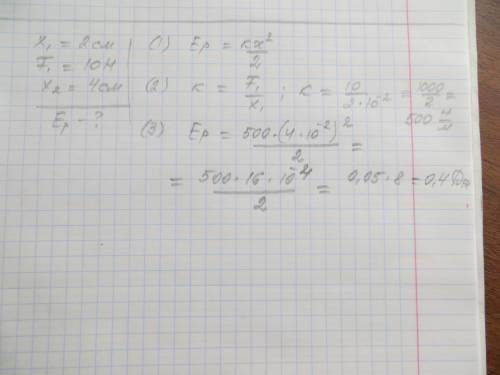 Для сжатия пружины на 2см надо приложить силу 10н. найти энергию деформации пружины при сжатии ее на