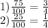 1) \frac{75}{100}= \frac{3}{4} \\ &#10;2) \frac{25}{100}= \frac{1}{4} \\ &#10;