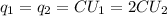 q_1=q_2=CU_1=2CU_2