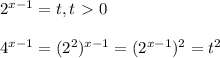 2 ^{ x-1}=t,t\ \textgreater \ 0 \\ \\ 4^{ x-1}= (2 ^{2} ) ^{ x-1}=( 2 ^{ x-1}) ^{2} =t ^{2}