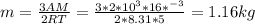 m= \frac{3AM}{2RT}= \frac{3*2*10^3*16*^{-3}}{2*8.31*5}=1.16kg