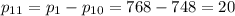 p_{11}=p_1-p_{10}=768-748=20