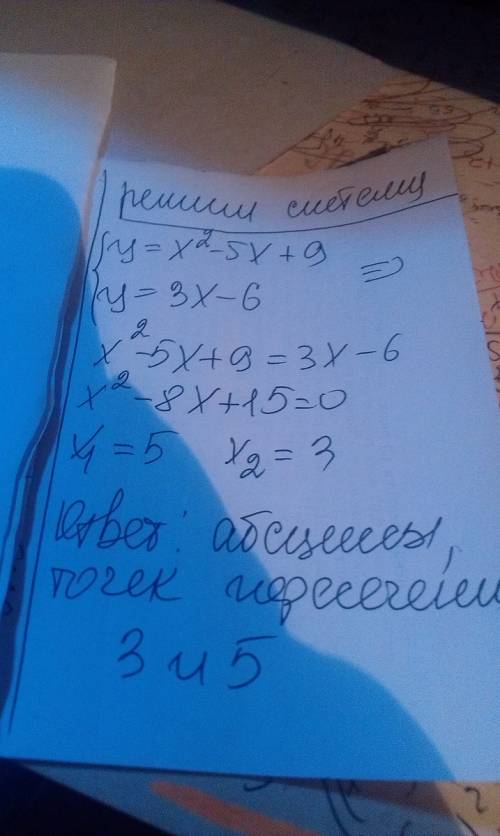 Знайти абсциси точок перетину параболи у=х2-5х+9 і прямої у=3х-6