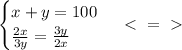 \begin{cases} x+y=100 \\ \frac{2x}{3y} = \frac{3y}{2x} \end{cases} \ \textless \ =\ \textgreater \