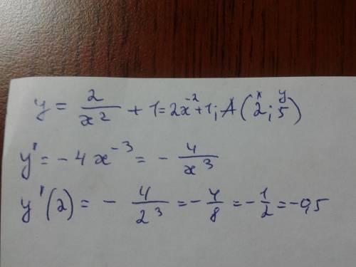 Найдите угловой коэффициент касательной к кривой y=2/x^2 + 1 в точке а(2; 5)