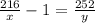 \frac{216}{x}-1= \frac{252}{y}