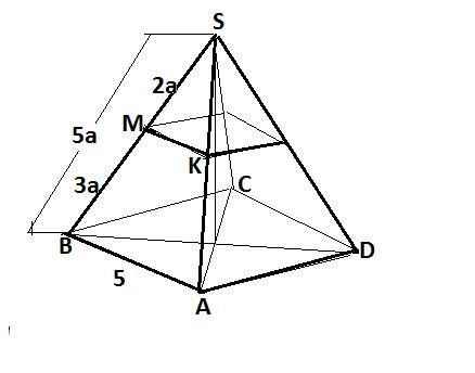 Восновании пирамиды sabcd лежит квадрат со стороной, равной 5. точка м делит ребро sb в отношении 2: