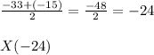 \frac{-33+(-15)}{2} = \frac{-48}{2} =-24 \\ \\ X(-24)