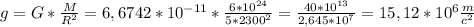 g=G* \frac{M}{R^2} =6,6742*10^{-11}*\frac{6*10^{24} }{5*2300^2} = \frac{40*10^{13}}{2,645*10^7} =15,12*10^6 \frac{m}{c^2}