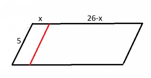 стороны параллелограмма равны 5 и 26. прямая, параллельна одной стороне параллелограмма, разбивает е