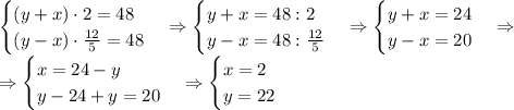 \begin{cases}(y+x)\cdot2=48\\(y-x)\cdot\frac{12}5=48\end{cases}\Rightarrow\begin{cases}y+x=48:2\\y-x=48:\frac{12}5\end{cases}\Rightarrow\begin{cases}y+x=24\\y-x=20\end{cases}\Rightarrow\\\Rightarrow\begin{cases}x=24-y\\y-24+y=20\end{cases}\Rightarrow\begin{cases}x=2\\y=22\end{cases}