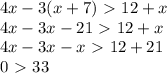 4x-3(x+7)\ \textgreater \ 12+x \\ 4x-3x-21\ \textgreater \ 12+x \\ &#10;4x-3x-x\ \textgreater \ 12+21 \\ &#10;0\ \textgreater \ 33 \\