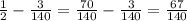 \frac{1}{2} - \frac{3}{140} = \frac{70}{140} - \frac{3}{140} = \frac{67}{140}