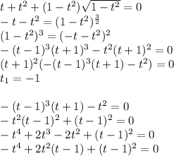 t+t^2+(1-t^2) \sqrt{1-t^2}=0 \\ -t-t^2=(1-t^2)^{ \frac{3}{2} }\\ (1-t^2)^3=(-t-t^2)^2\\ -(t-1)^3(t+1)^3-t^2(t+1)^2=0\\ (t+1)^2(-(t-1)^3(t+1)-t^2)=0\\ t_1=-1\\ \\ -(t-1)^3(t+1)-t^2=0\\ -t^2(t-1)^2+(t-1)^2=0\\ -t^4+2t^3-2t^2+(t-1)^2=0\\ -t^4+2t^2(t-1)+(t-1)^2=0