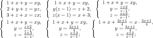 \left\{\begin{array}{c}1+x+y=xy,\\2+y+z=yz,\\3+z+x=zx;\end{array}\right. \left\{\begin{array}{c}1+x+y=xy,\\y(z-1)=z+2,\\z(x-1)=x+3;\end{array}\right. \left\{\begin{array}{c}1+x+y=xy,\\y=\frac{z+2}{z-1},\\z=\frac{x+3}{x-1};\end{array}\right. \\ \left\{\begin{array}{c}1+x+y=xy,\\y=\frac{z+2}{z-1},\\z=\frac{x+3}{x-1};\end{array}\right. \left\{\begin{array}{c}1+x+y=xy,\\y=\frac{3x+1}{4},\\z=\frac{x+3}{x-1};\end{array}\right. \left\{\begin{array}{c}1+x+\frac{3x+1}{4}=x\cdot\frac{3x+1}{4},\\y=\frac{3x+1}{4},\\z=\frac{x+3}{x-1};\end{array}\right.