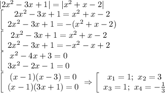 |2x^2-3x+1|=|x^2+x-2| \\\ \left[\array$ 2x^2-3x+1=x^2+x-2 \\ 2x^2-3x+1=-(x^2+x-2) \end{array}\right. \\\ \left[\array$ 2x^2-3x+1=x^2+x-2 \\ 2x^2-3x+1=-x^2-x+2 \end{array}\right. \\\ \left[\array$ x^2-4x+3=0 \\ 3x^2-2x-1=0 \end{array}\right. \\\ \left[\array$ (x-1)(x-3)=0 \\ (x-1)(3x+1)=0 \end{array}\right. \Rightarrow \left[\array$ x_1=1; \ x_2=3 \\ x_3=1 ; \ x_4=- \frac{1}{3} \end{array}\right.