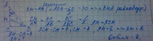 Упрямокутному трикутнику авс кут с=90°,кут а=30°.бісектриса кута в перетинає катет ас у точці м.знай