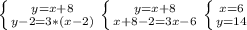 \left \{ {{y=x+8} \atop {y-2=3*(x-2)}} \right.&#10; \left \{ {{y=x+8} \atop {x+8-2=3x-6}} \right. &#10; \left \{ {{x=6} \atop {y=14}} \right.