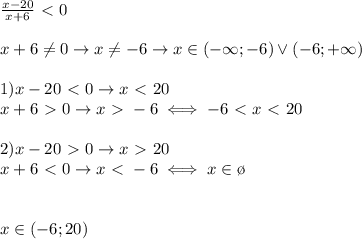 \frac{x-20}{x+6}\ \textless \ 0 \\ &#10; \\ x+6 \neq 0\rightarrow x \neq -6\rightarrow x\in(-\infty;-6)\vee (-6;+\infty) \\ &#10; \\ &#10;1) x-20\ \textless \ 0 \rightarrow x\ \textless \ 20 \\ &#10;x+6\ \textgreater \ 0 \rightarrow x\ \textgreater \ -6 \iff -6\ \textless \ x\ \textless \ 20 \\ \\ &#10;2)x-20\ \textgreater \ 0 \rightarrow x\ \textgreater \ 20 \\ &#10;x+6\ \textless \ 0 \rightarrow x\ \textless \ -6 \iff x\in \o \\ \\ \\ &#10;x\in (-6;20) \\