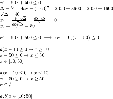 x^2-60x+500 \leq 0 \\ &#10;\Delta=b^2-4ac=(-60)^2-2000=3600-2000=1600 \\ &#10; \sqrt{\Delta}=40 \\ &#10;x_1= \frac{-b- \sqrt{\Delta} }{2a} =&#10; \frac{60-40}{2}=10 \\ &#10;x_2= \frac{60+40}{2}=50 \\ &#10; \\ &#10;x^2-60x+500 \leq 0 \iff&#10;(x-10)(x-50) \leq 0 \\ \\ &#10;a) x-10 \geq 0 \rightarrow x \geq 10 \\ &#10;x-50 \leq 0 \rightarrow x \leq 50 \\ &#10;x\in [10;50] \\ \\ &#10;b) x-10 \leq 0 \rightarrow x \leq 10 \\ &#10;x-50 \geq 0 \rightarrow x \geq 50 \\ &#10;x\in \emptyset \\ \\ &#10;a,b) x\in[10;50]&#10;