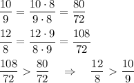 \dfrac{10}{9} = \dfrac{10\cdot 8}{9\cdot 8} = \dfrac{80}{72} \\\\ \dfrac{12}{8} = \dfrac{12\cdot 9}{8\cdot 9} = \dfrac{108}{72} \\\\\dfrac{108}{72}\ \textgreater \ \dfrac{80}{72}\quad\Rightarrow\quad \dfrac{12}{8}\ \textgreater \ \dfrac{10}{9}