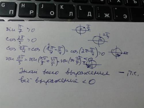 Определите знак выражения: sin п/7 cos 2п/5 cos 7п/4 sin 8п/5