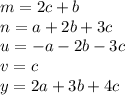 m=2c+b \\ n= a+2b+3c \\ u=-a-2b-3c \\ v=c \\ y=2a+3b+4c