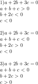 1) a+2b+3c=0 \\a+b+c\ \textgreater \ 0 \\ b+2c\ \textless \ 0\\ c\ \textless \ 0 \\\\ 2)a+2b+3c=0 \\ a+b+c\ \textless \ 0 \\b+2c\ \textgreater \ 0\\ c\ \textless \ 0 \\\\ 3) a+2b+3c=0\\a+b+c\ \textless \ 0 \\ b+2c\ \textgreater \ 0\\ c\ \textgreater \ 0 \\\\