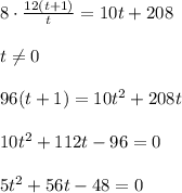 8\cdot \frac{12(t+1)}{t} =10t+208 \\ \\ t \neq 0 \\ \\ 96(t+1)=10t&#10; ^{2}+208t \\ \\ 10t^2+112t-96=0 \\ \\ 5t^ 2+56t-48=0