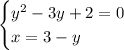 \begin{cases} y^2-3y+2=0 \\ x=3-y \end{cases}