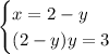 \begin{cases} x=2-y \\ (2-y)y=3 \end{cases}