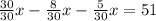 \frac{30}{30}x- \frac{8}{30}x- \frac{5}{30}x=51