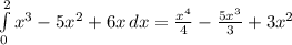 \int\limits^2_0 {x^3-5x^2+6x \, dx =\frac{x^4}{4} -\frac{5x^3}{3} +3x^2