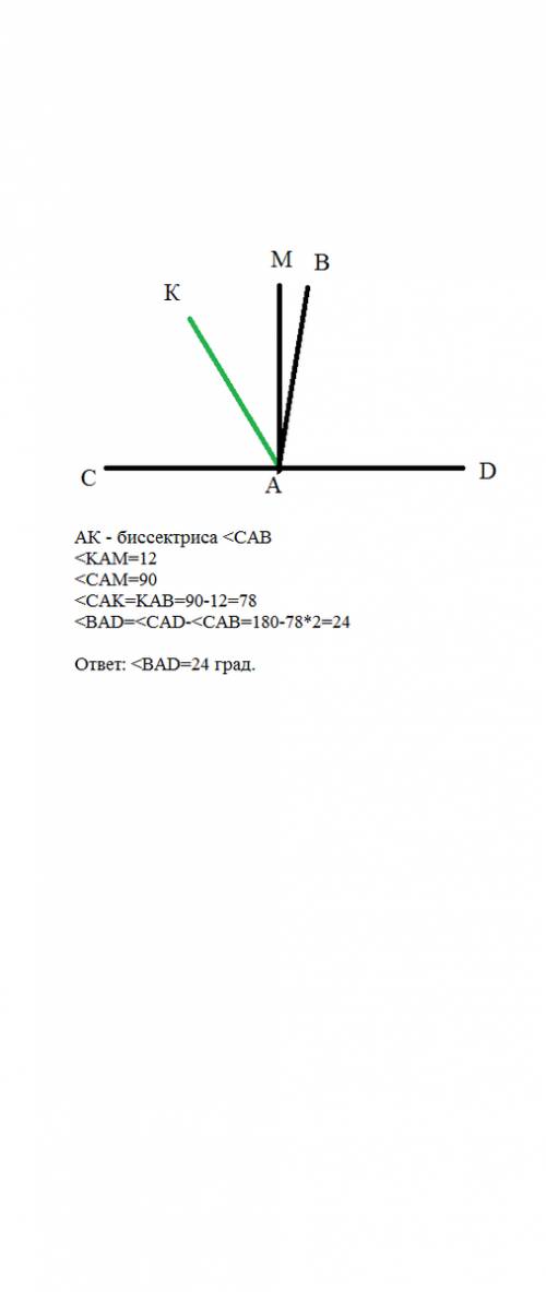 Углы cab и bad – смежные. найти величину угла bad, если величина угла между биссектрисой угла cab и