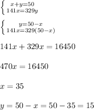 \left \{ {{x+y=50} \atop {141x=329y}} \right. \\ \\ \left \{ {{y=50-x} \atop {141x=329(50-x)}} \right. \\ \\ 141x+329x=16450 \\ \\ 470x=16450 \\ \\ x=35 \\ \\ y=50-x=50-35=15