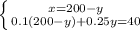 \left \{ {{x=200-y} \atop {0.1(200-y)+0.25y=40}} \right.