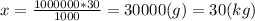 x=\frac{1000000*30}{1000}=30000(g)=30(kg)