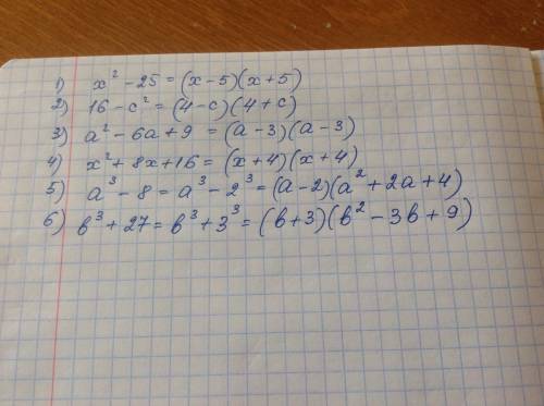 Разложите на множители: 1)x²-25 2)16-с² 3)a²-6a+9 4)x²+8x+16 5)a^-8 6)b^+27 (^- это в квадрате)