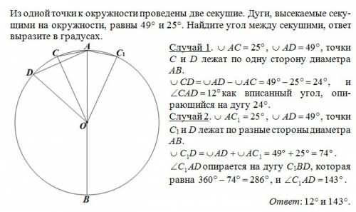 Из одной точки к окружностм проведены две секущие. дуги, высекаемые секущими на окружности, равны 49