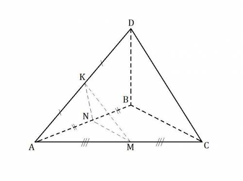 Дана треугольная пирамида dabc. точки k, m и n - середины ребер ad, ac и ab соответственно. найдите