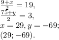 \frac{9+x}{2}=19, \\ \frac{75+y}{2}=3, \\ x=29, y=-69; \\ (29;-69).