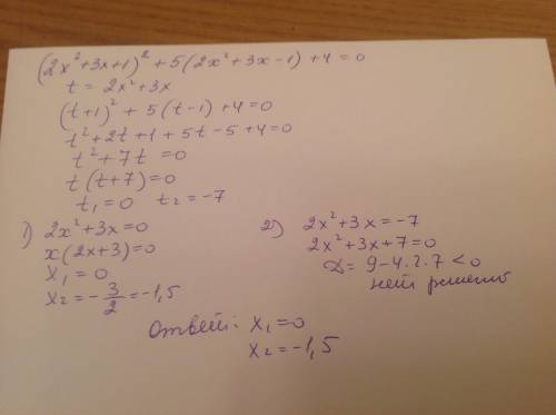 Решите уравнение: (2x^2+3x-1)^2+5(2x^2+3x-1)+4=0