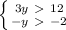 \left \{ {{3y\ \textgreater \ 12} \atop {-y\ \textgreater \ -2}} \right.