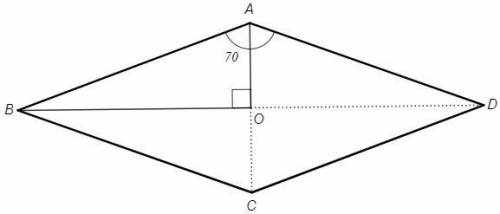 Вромбе abcd угол a равен 140°. определи углы треугольника aob, где o - точка пересечения диагоналей