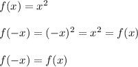 f(x)=x^2\\\\f(-x)=(-x)^2=x^2=f(x)\\\\f(-x)=f(x)