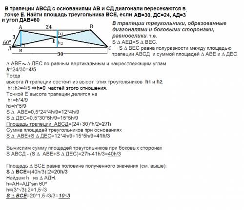 Втрапеции авсд с основаниями ав и сд диагонали пересекаются в точке е. найти площадь треугольника вс