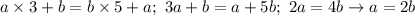 a\times3+b=b\times5+a; \ 3a+b=a+5b; \ 2a=4b \to a=2b