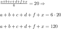 \frac{a+b+c+d+f+x}{6}=20\Rightarrow \\ \\a+b+c+d+f+x=6\cdot 20 \\ \\ a+b+c+d+f+x=120